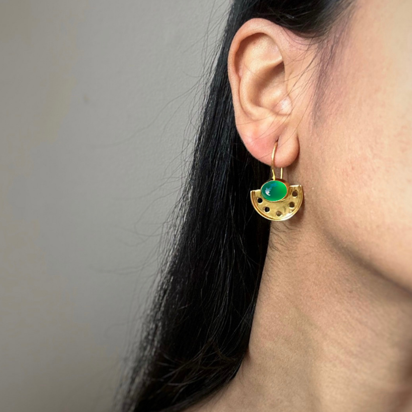 Art Deco Green Onyx Fan Earrings | 18k Gold Plated | Dangle Earrings