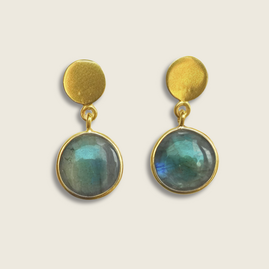 Labradorite Gold Disc Earrings | 18k Gold Plated | Stud Earrings