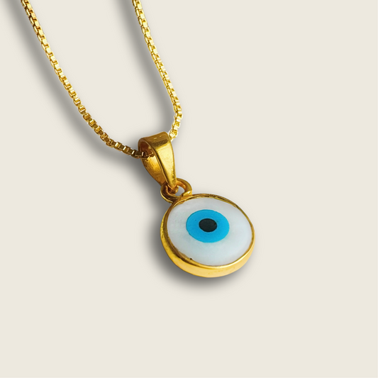 Mother Of Pearl Evil Eye Necklace | Round Pendant | 18K Gold Plated