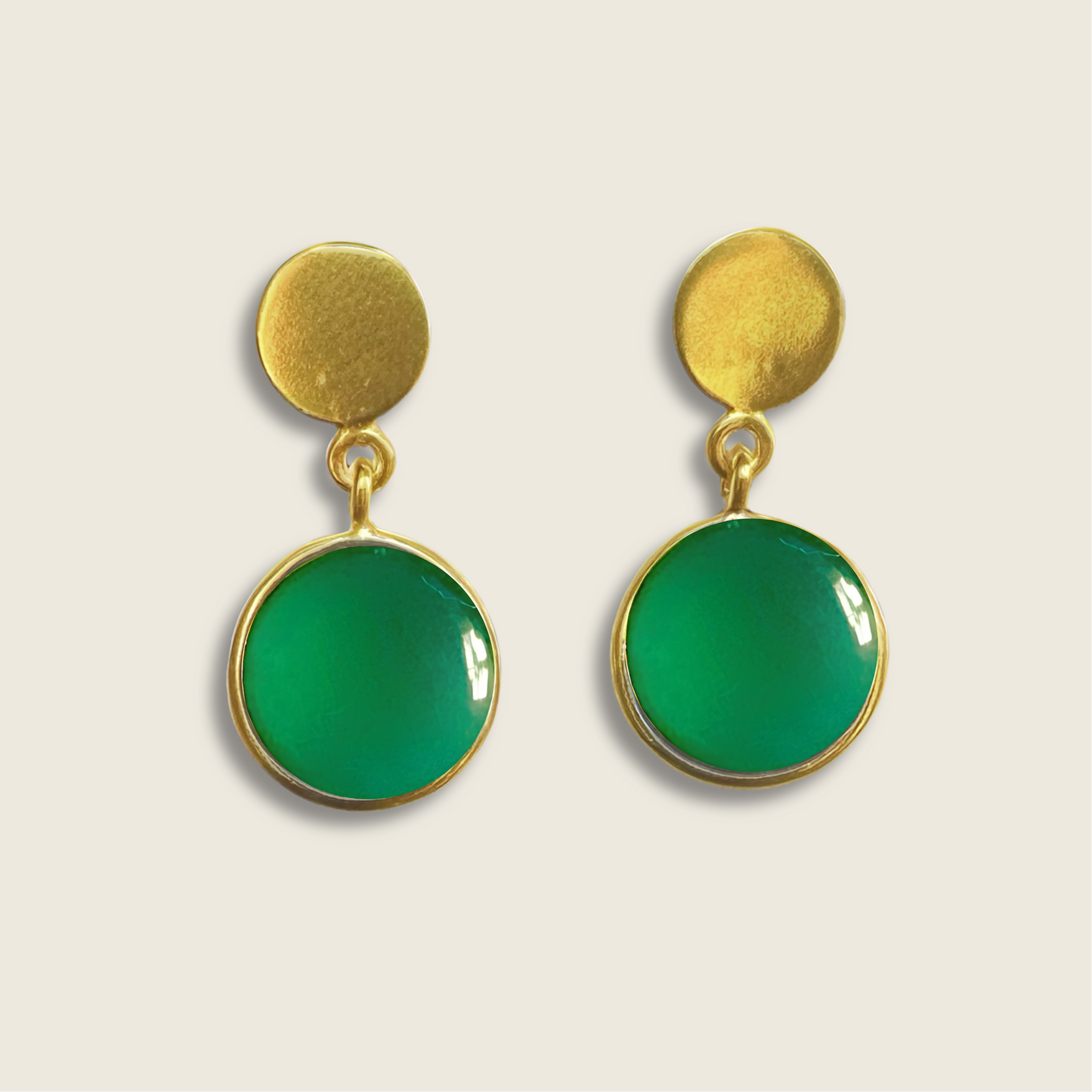 Green Onyx Gold Disc Earrings | 18k Gold Plated | Stud Earrings