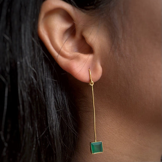 Green Onyx Long Dangle Square Earrings | 18k Gold Plated | Dangle Earrings