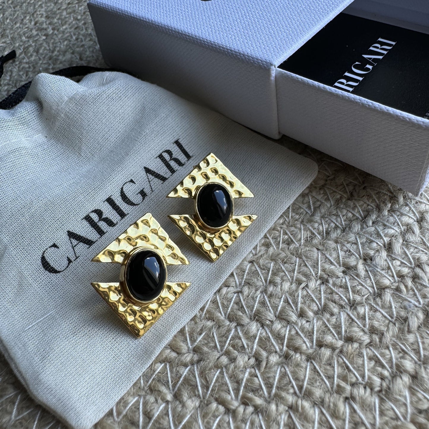 Black Onyx Hammered Gold Stud Earrings | 18k Gold Plated | Stud Earrings