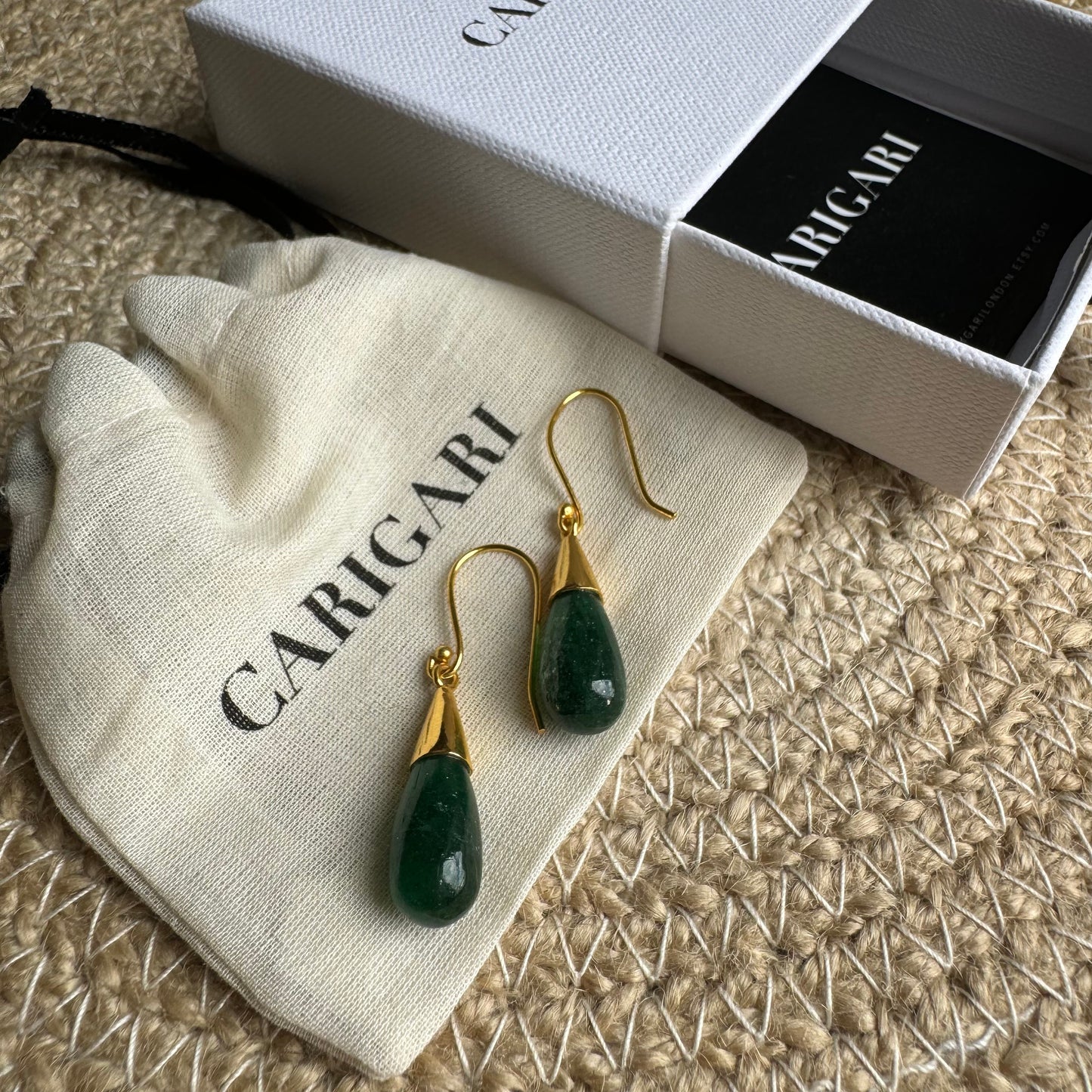 Green Aventurine Drop Stone Earrings | 18k Gold Plated | Dangle Earrings