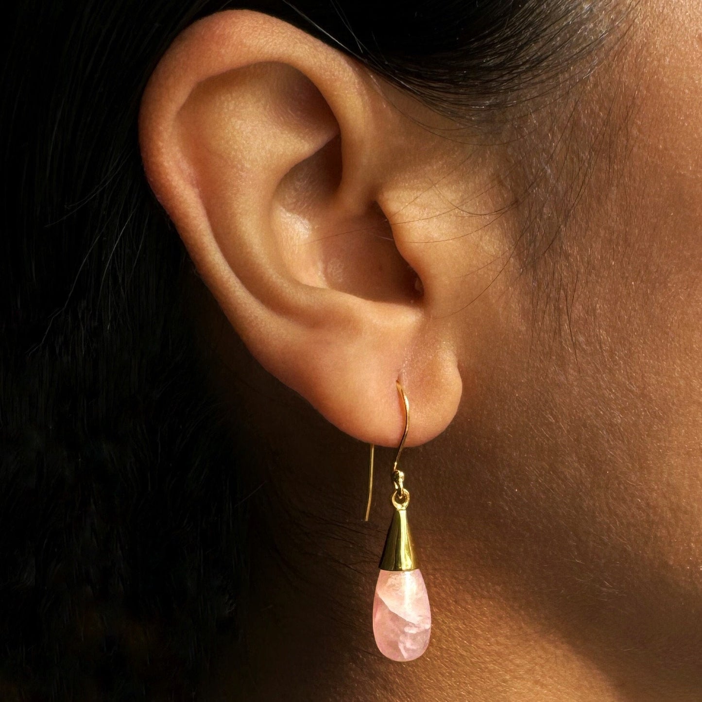 Rose Quartz Drop Stone Earrings | 18k Gold Plated | Dangle Earrings