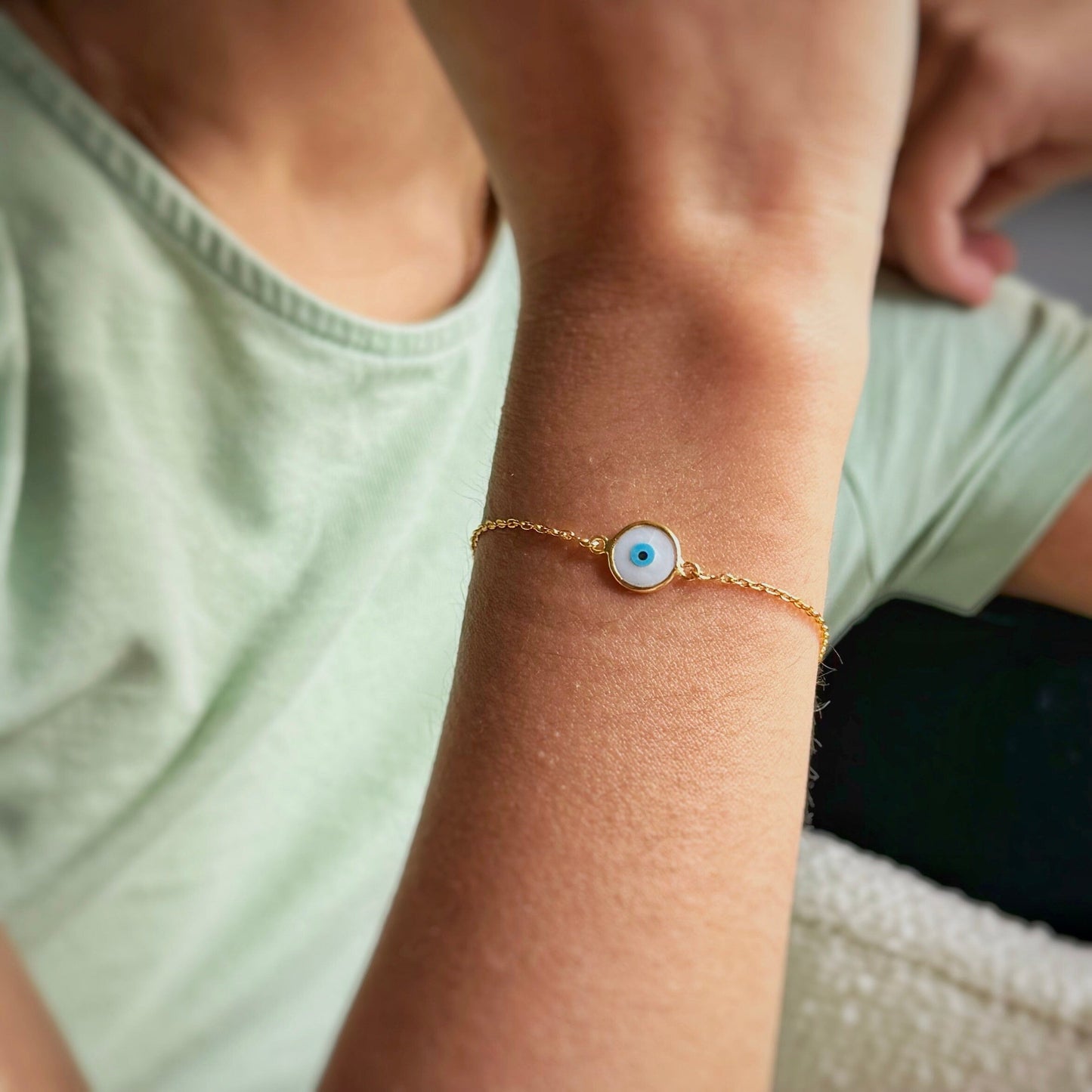 Mother of Pearl Evil Eye Bracelet | 18k Gold Plated | Gemstone Bracelet