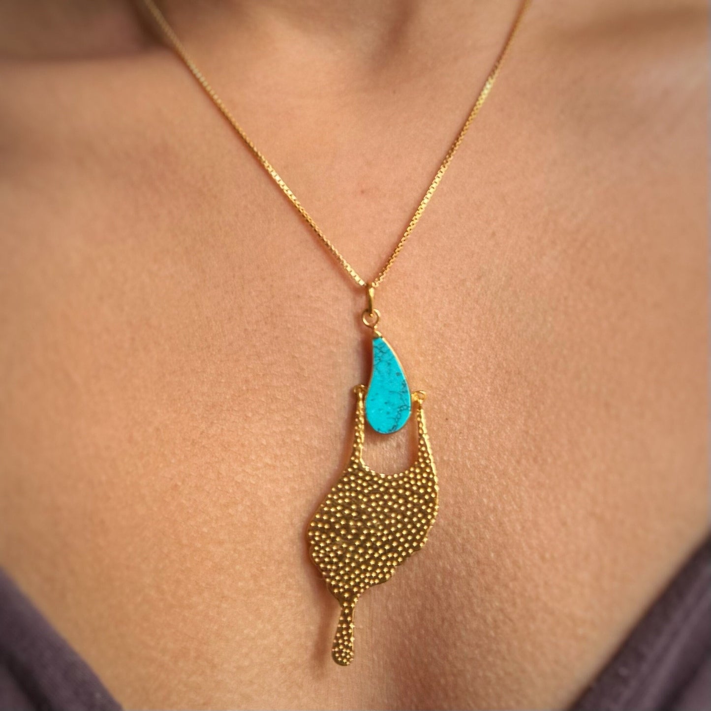 Turquoise Hammered Gold Necklace | Stone and Gold Pendant | 18K Gold Plated