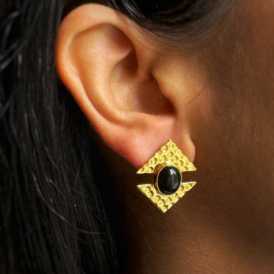 Black Onyx Hammered Gold Stud Earrings | 18k Gold Plated | Stud Earrings