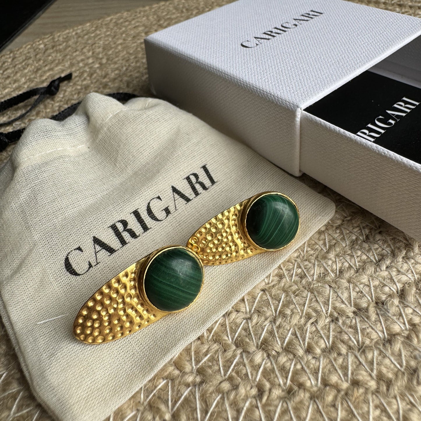 Malachite Hammered Gold Stud Earrings | 18k Gold Plated | Stud Earrings