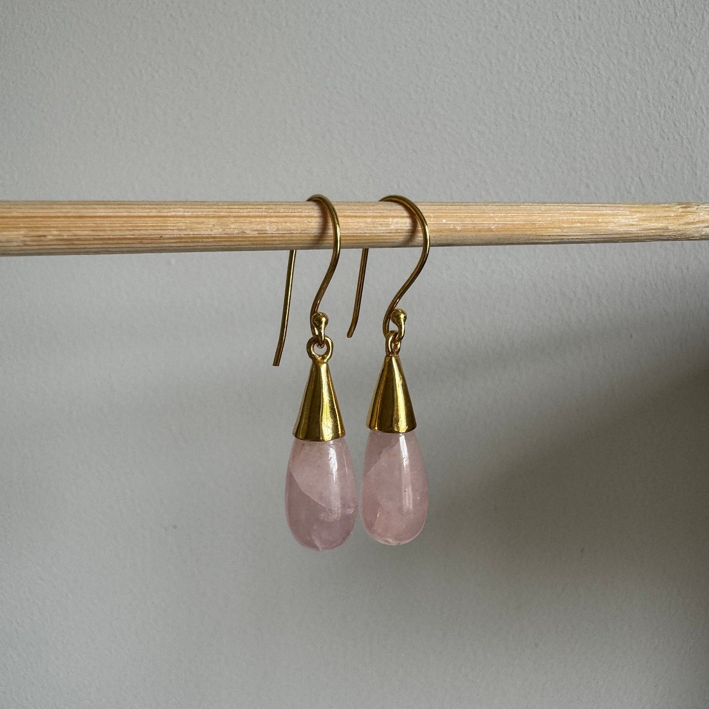 Rose Quartz Drop Stone Earrings | 18k Gold Plated | Dangle Earrings