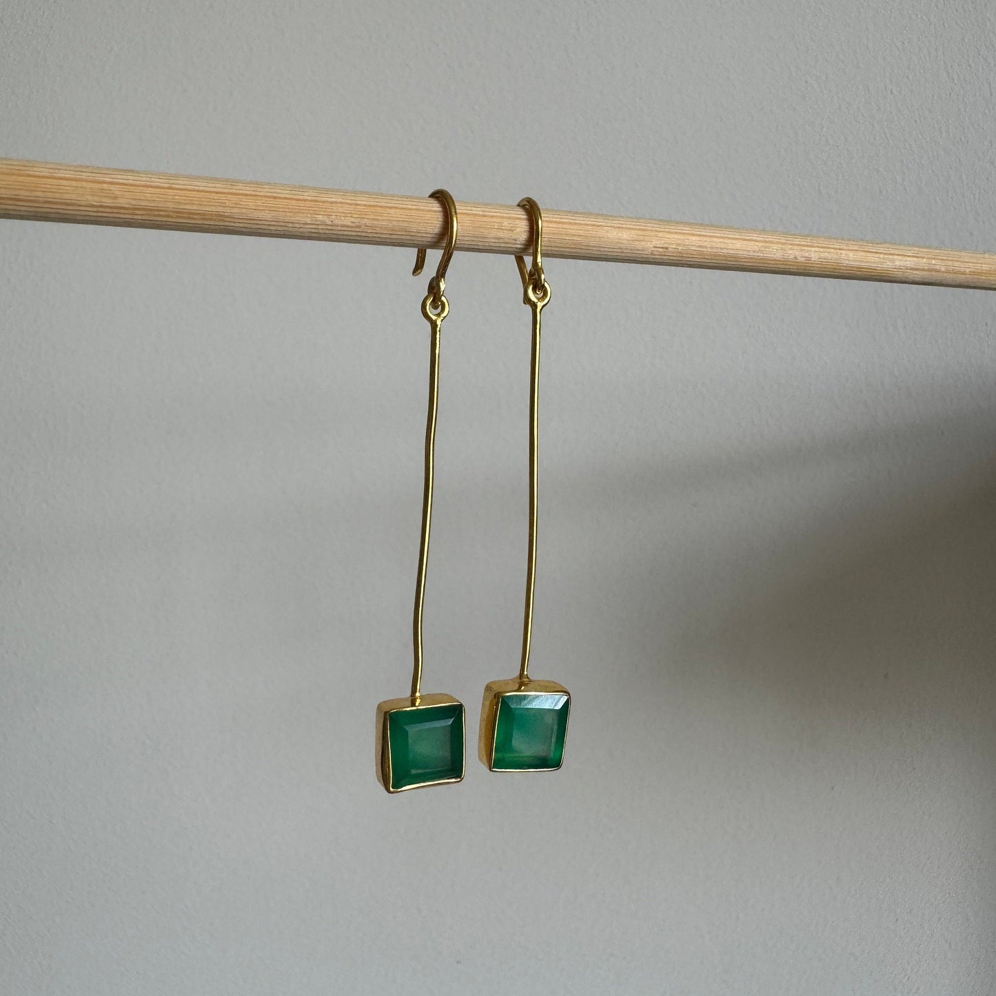 Green Onyx Long Dangle Square Earrings | 18k Gold Plated | Dangle Earrings