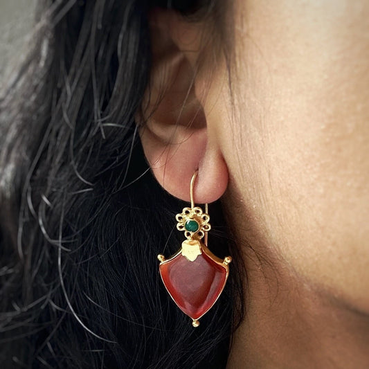 Green and Red Onyx Ethnic Earrings | 18k Gold Plated | Dangle Earrings