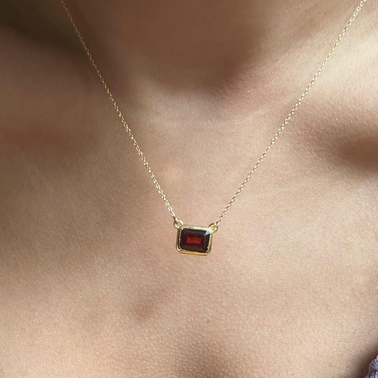 Red Garnet Emerald Cut Necklace | Rectangle Pendant | 18K Gold Plated