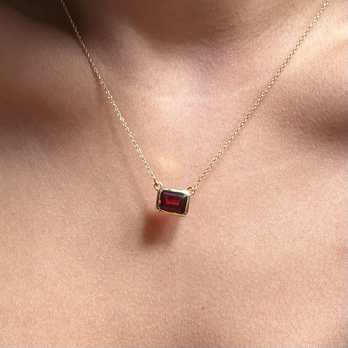 Red Garnet Emerald Cut Necklace | Rectangle Pendant | 18K Gold Plated