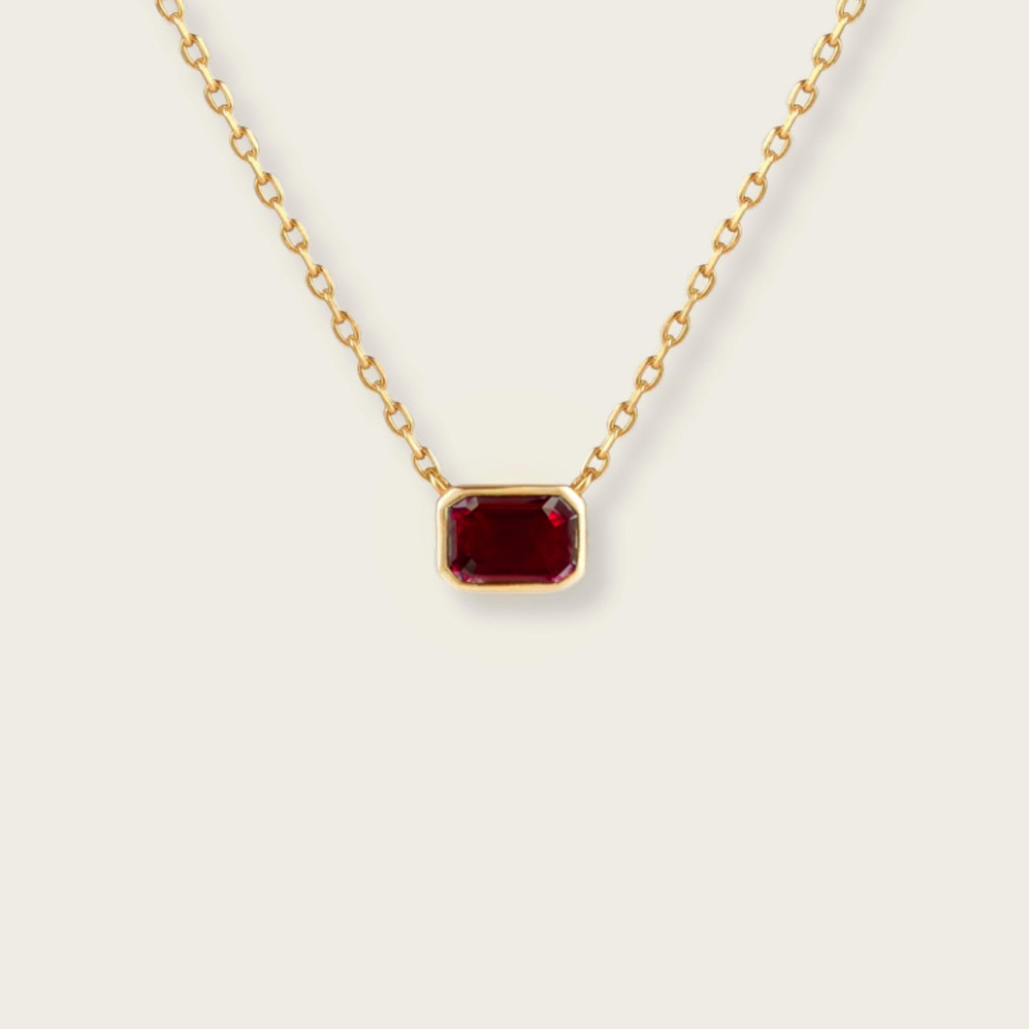 Red Garnet Emerald Cut Necklace | Rectangle Pendant | 18K Gold Plated