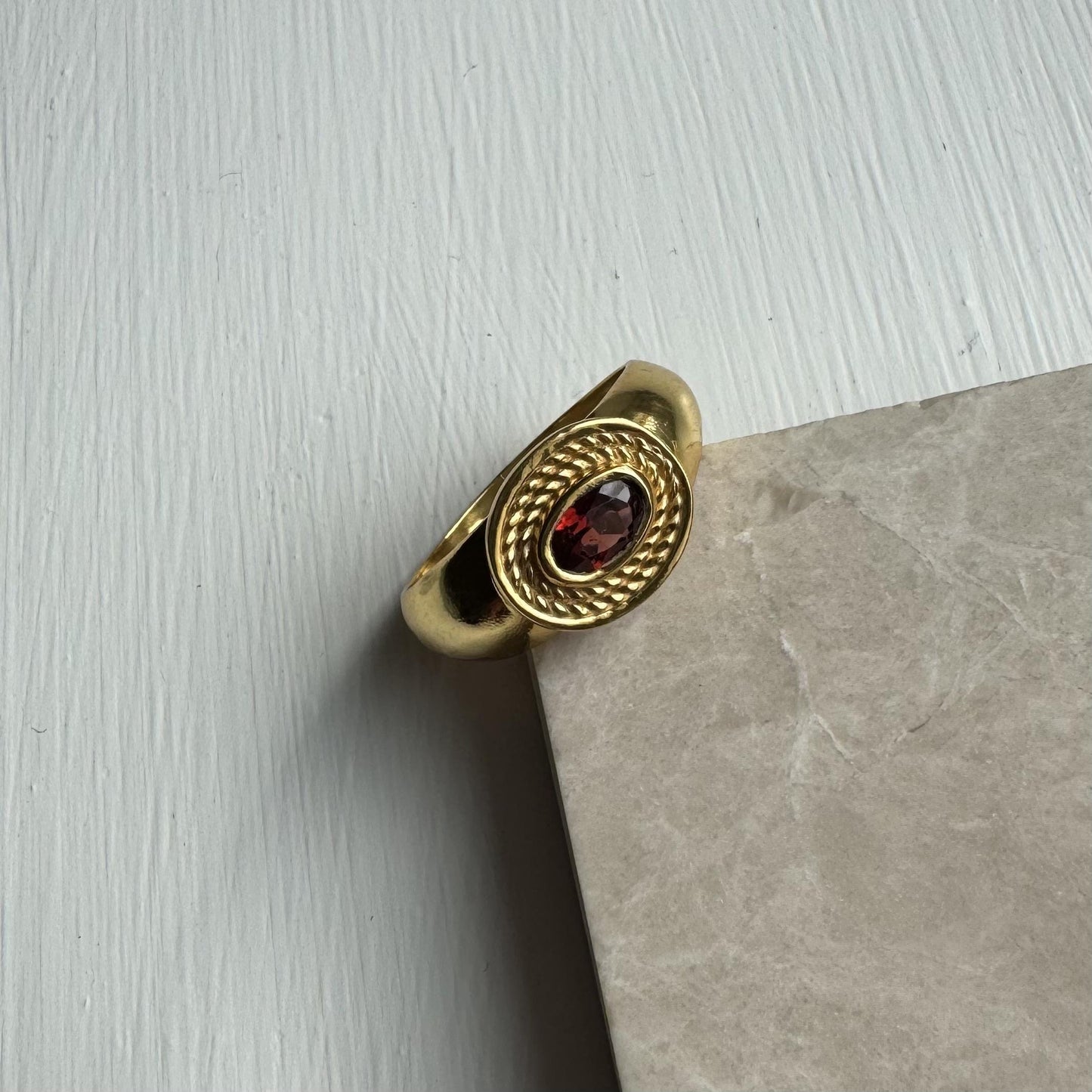 Red Garnet Ring | Cleo Signet Ring | 18K Gold Plated