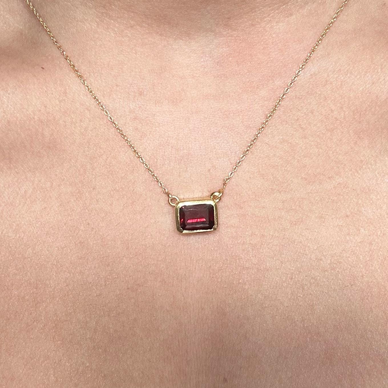 Red Garnet Emerald Cut Necklace | Rectangle Pendant | 18K Gold Plated