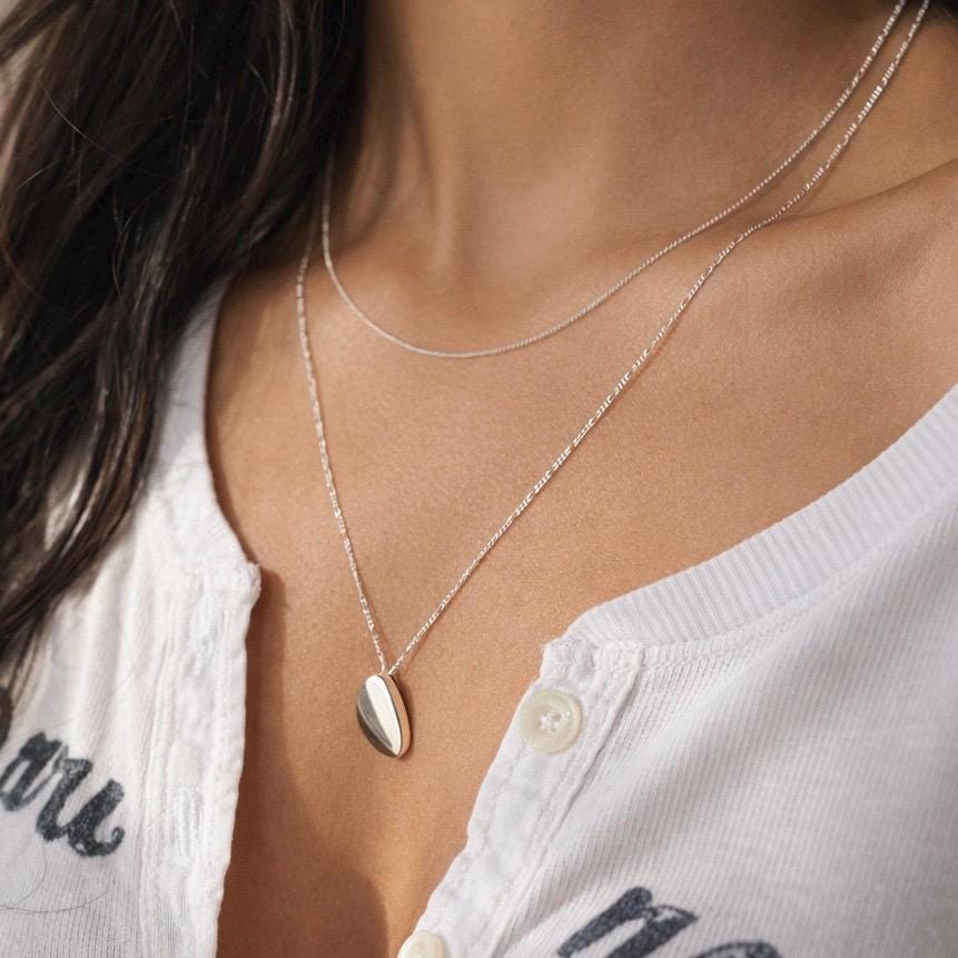 Sterling Silver Pebble Pendant |  Figaro + Snake Chain Necklace Stack