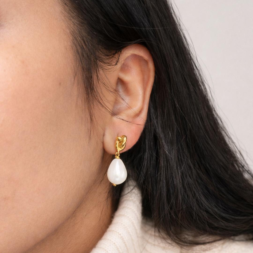 Lucky Knot Pearl Earrings | 18K Gold Plated | Stud Dangle Earrings