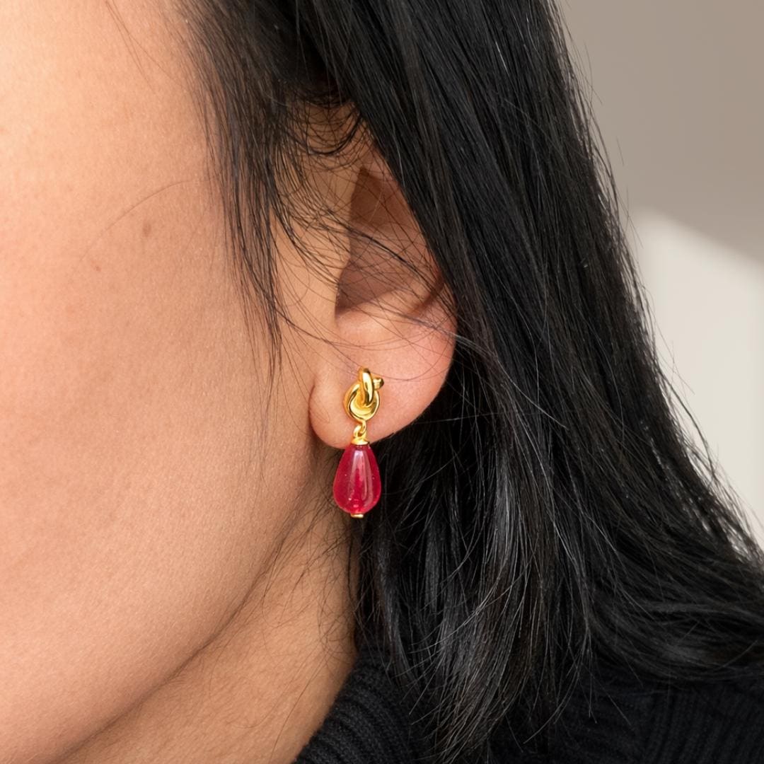 Lucky Knot Red Quartz Earrings | 18K Gold Plated | Stud Dangle Earrings