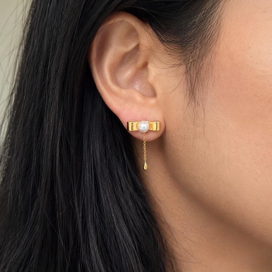 Pearl Bow Earrings | 18K Gold Plated | Stud Dangle Earrings