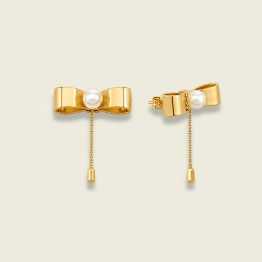 Pearl Bow Earrings | 18K Gold Plated | Stud Dangle Earrings