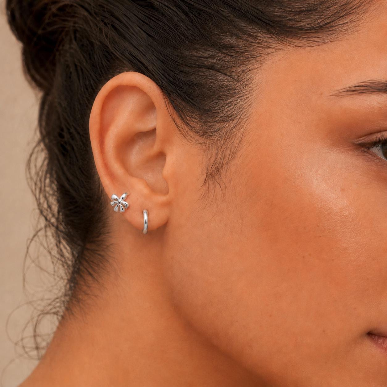 Silver Mini Bow Earrings | 925 Sterling Silver |  Huggie Hoop Earrings