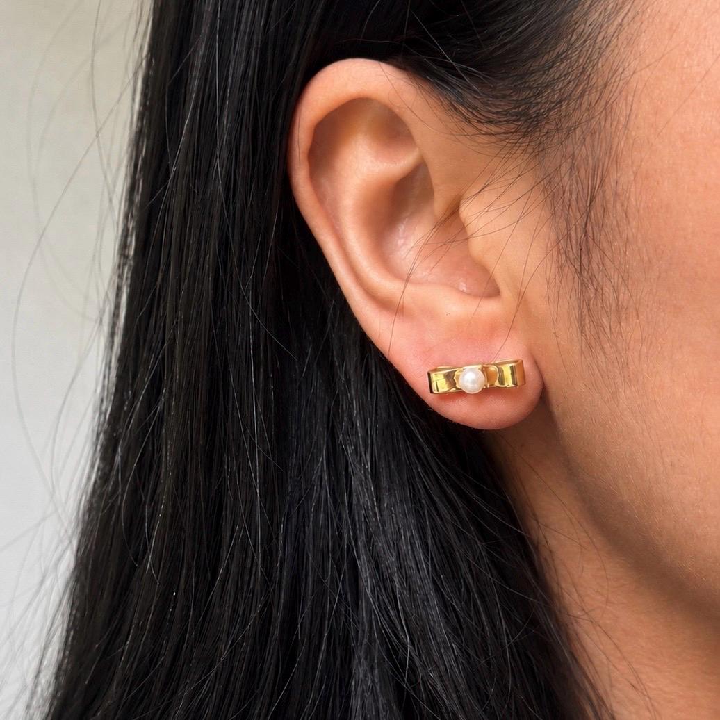 Pearl Bow Earrings | 18K Gold Plated | Stud Dangle Earrings