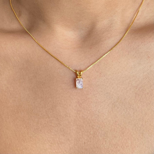 Rainbow Moonstone Necklace | Rectangle Pendant | 18K Gold Plated
