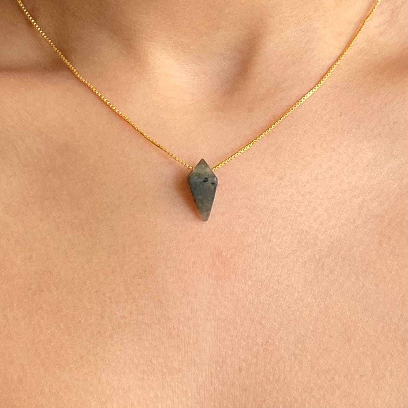 Green Labradorite Pyramid Pendant Necklace | 18K Gold Plated | Gemstone Necklace