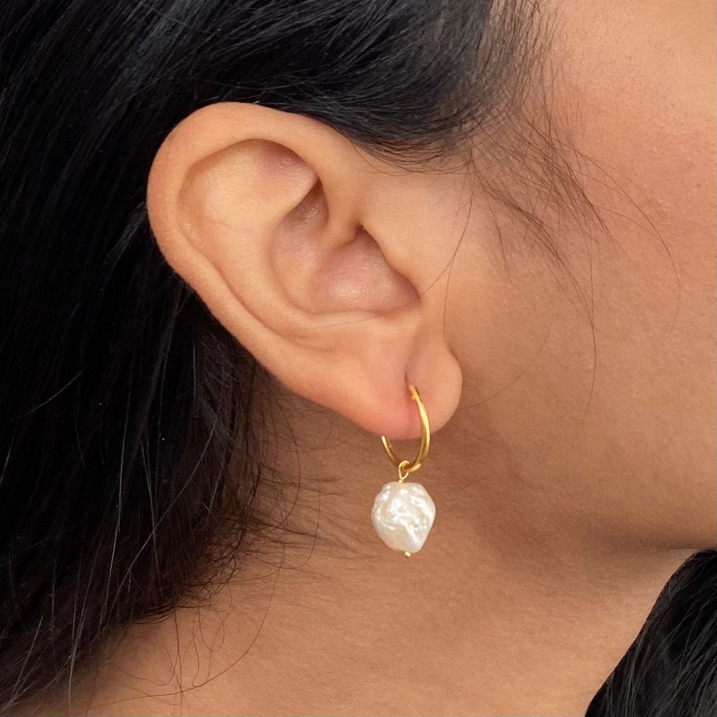 Natural Pearl Earrings | 18K Gold Plated | Huggie Hoop Earrings