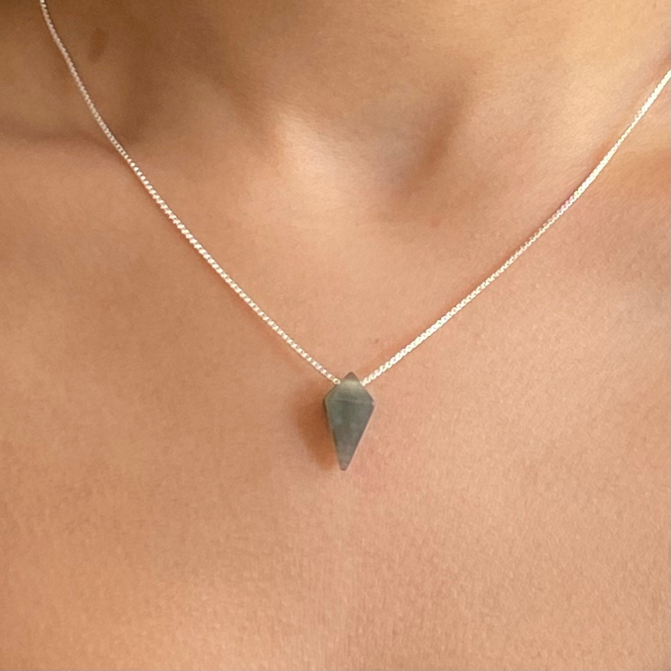 Green Labradorite Pyramid Pendant Necklace | Sterling Silver | Gemstone Necklace