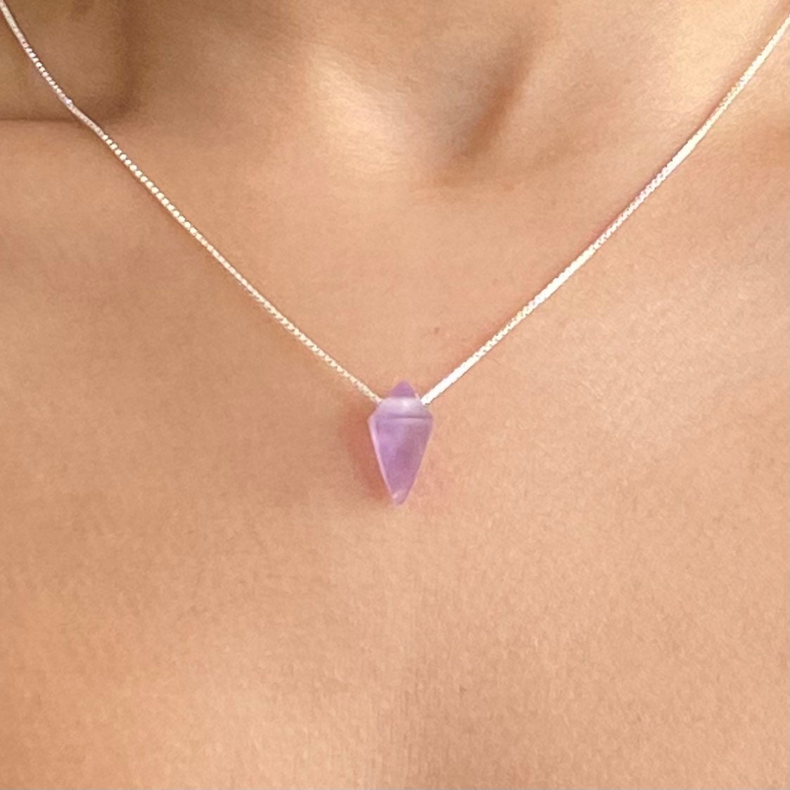 Purple Amethyst Pyramid Pendant Necklace | Sterling Silver | Gemstone Necklace