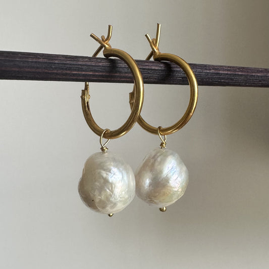 Natural Pearl Earrings | 18K Gold Plated | Huggie Hoop Earrings
