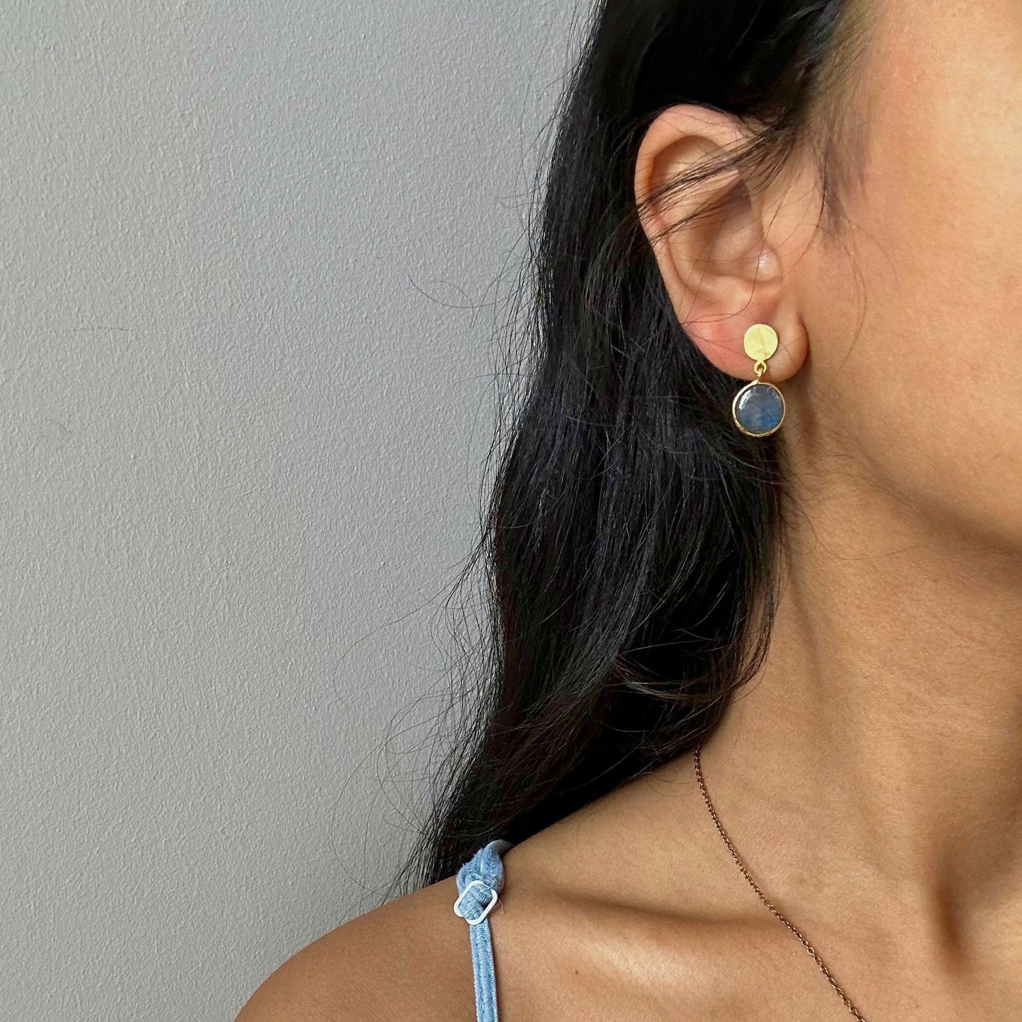 Labradorite Gold Disc Earrings | 18k Gold Plated | Stud Earrings