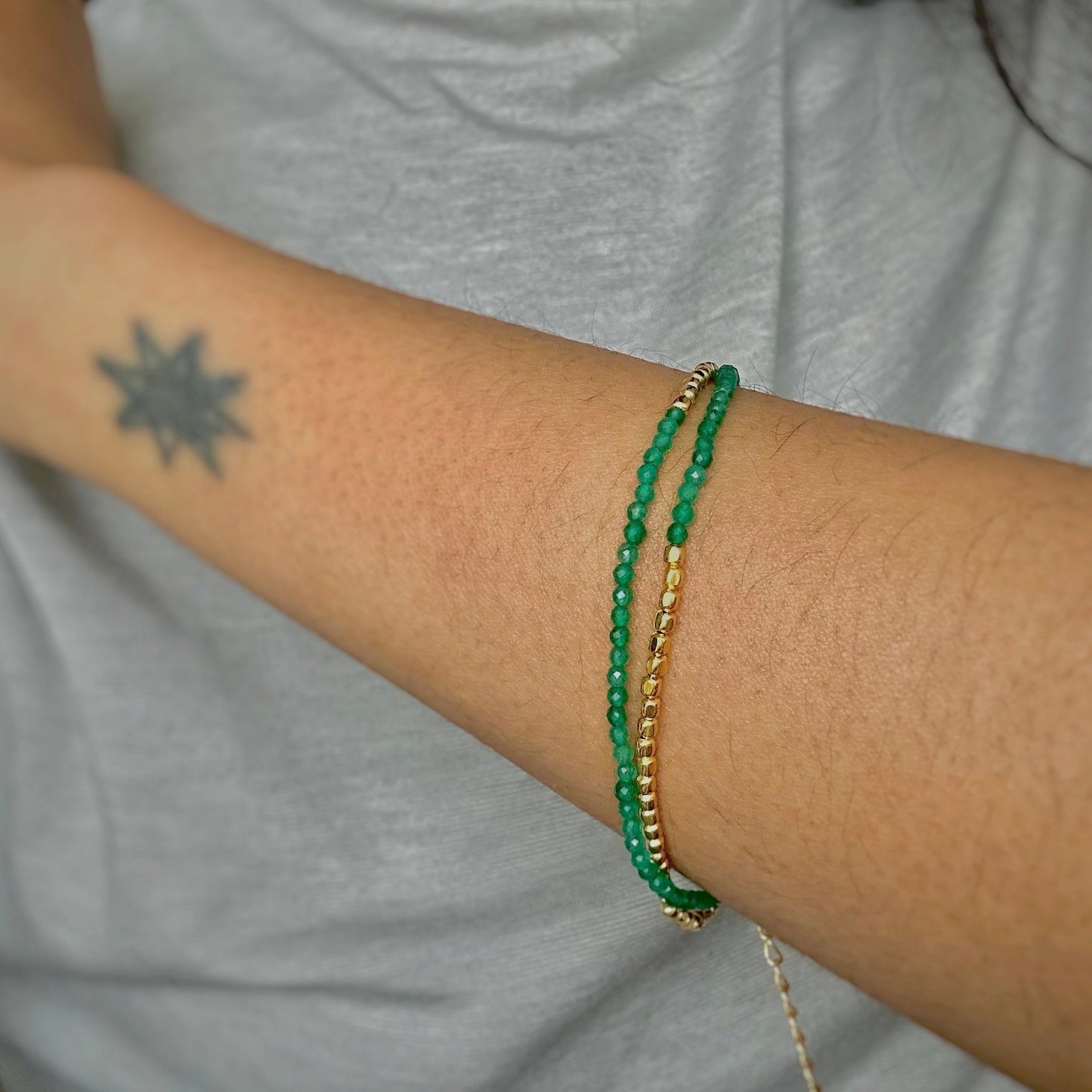 Green Onyx and Gold Beaded Bracelet | 18k Gold Plated | Gemstone Bracelet
