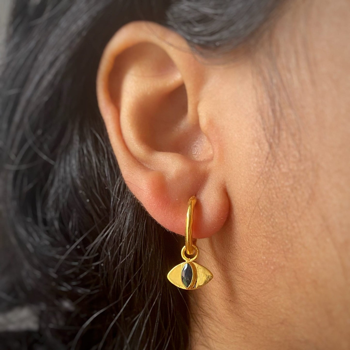 Evil Eye Black Sapphire Earrings | 18k Gold Plated | Huggie Hoop Earrings
