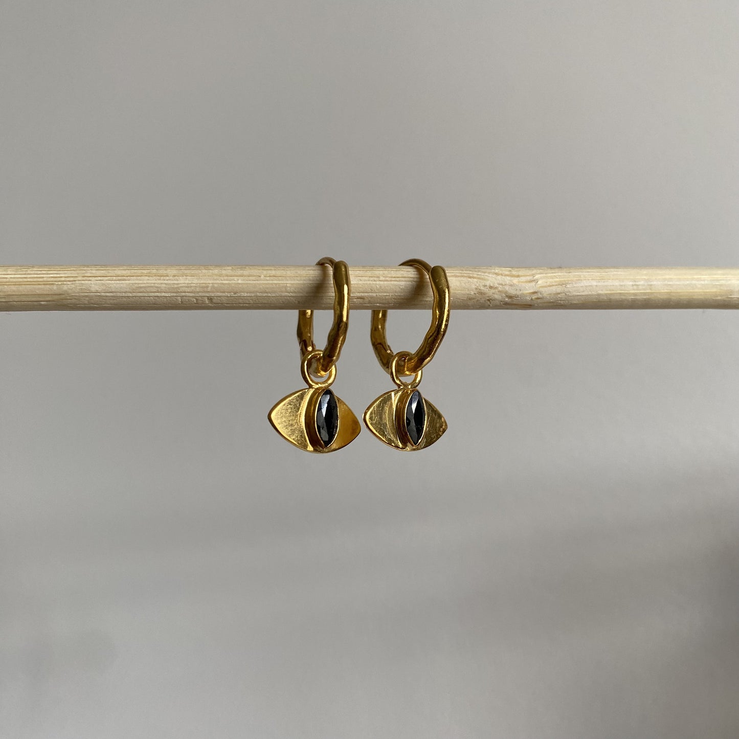 Evil Eye Black Sapphire Earrings | 18k Gold Plated | Huggie Hoop Earrings