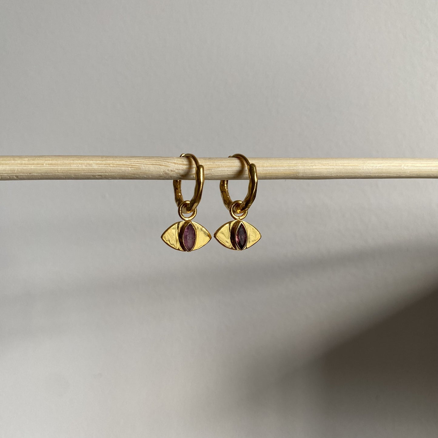 Evil Eye Pink Tourmaline Earrings | 18k Gold Plated | Huggie Hoop Earrings
