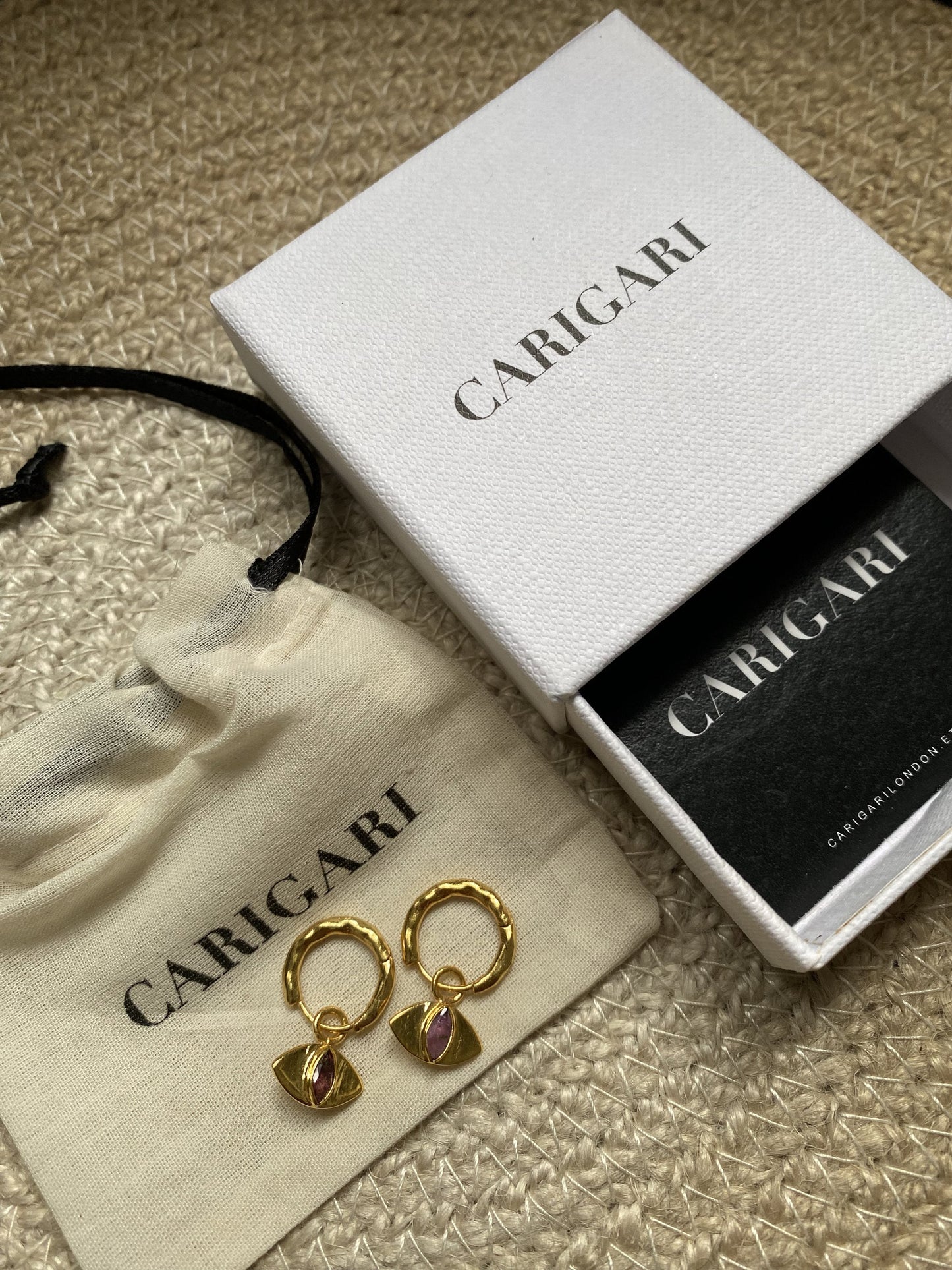 Evil Eye Pink Tourmaline Earrings | 18k Gold Plated | Huggie Hoop Earrings