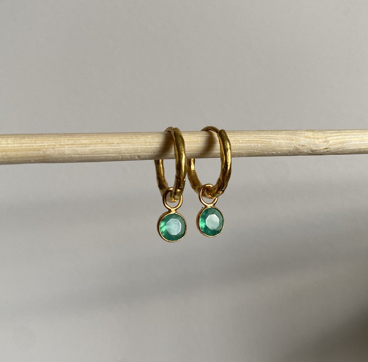 Green Onyx Round Charms Earrings | 18k Gold Plated | Huggie Hoop Earrings