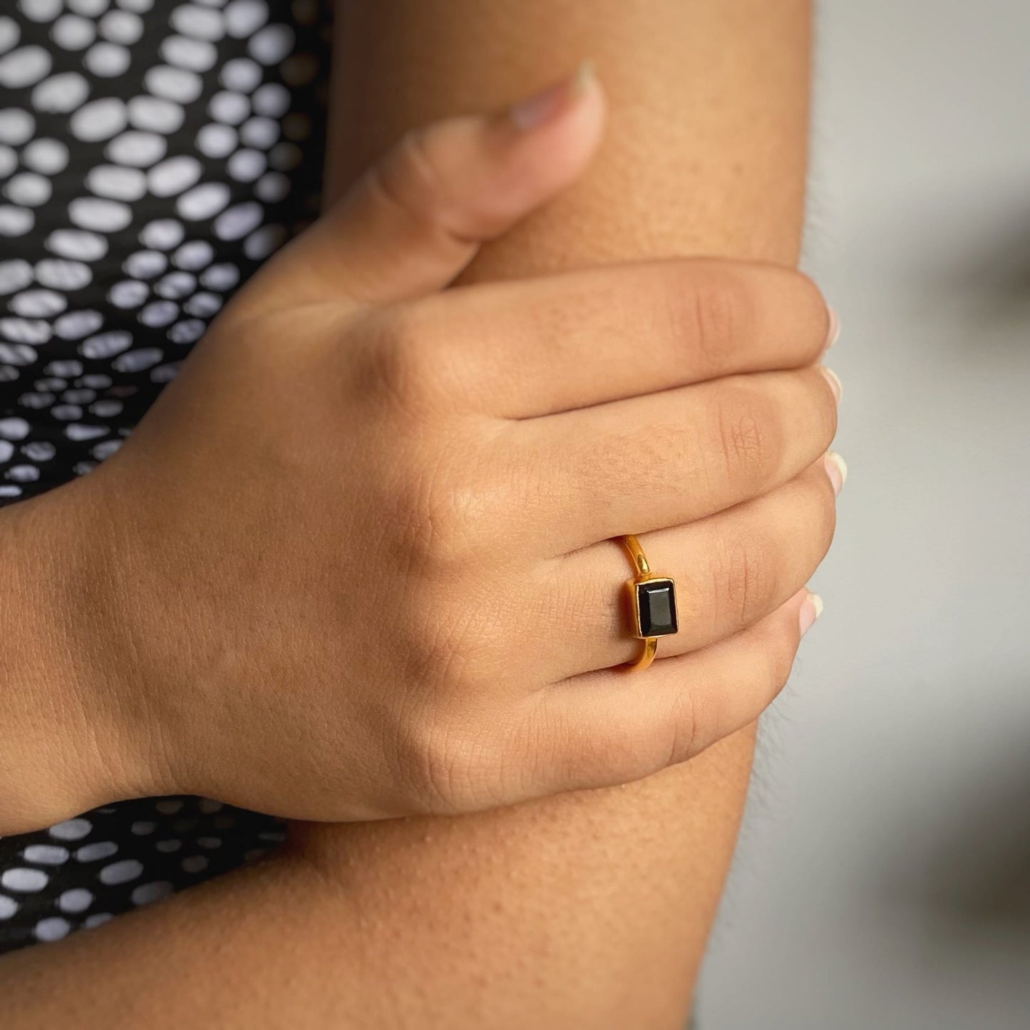 Black Onyx Ring | Baguette Gemstone | 18K Gold Plated