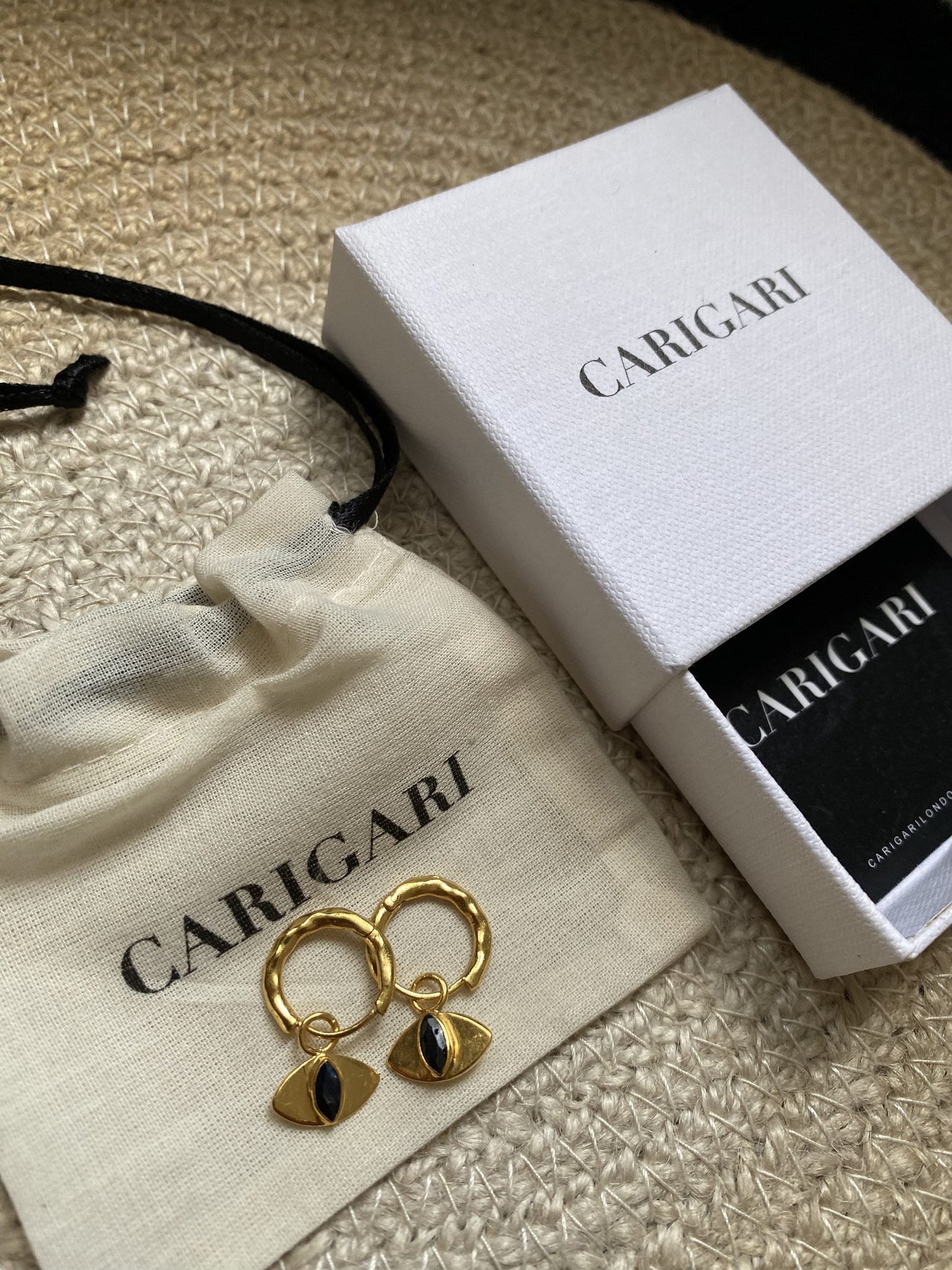 Evil Eye Black Sapphire Earrings | 18k Gold Plated | Huggie Hoop Earrings