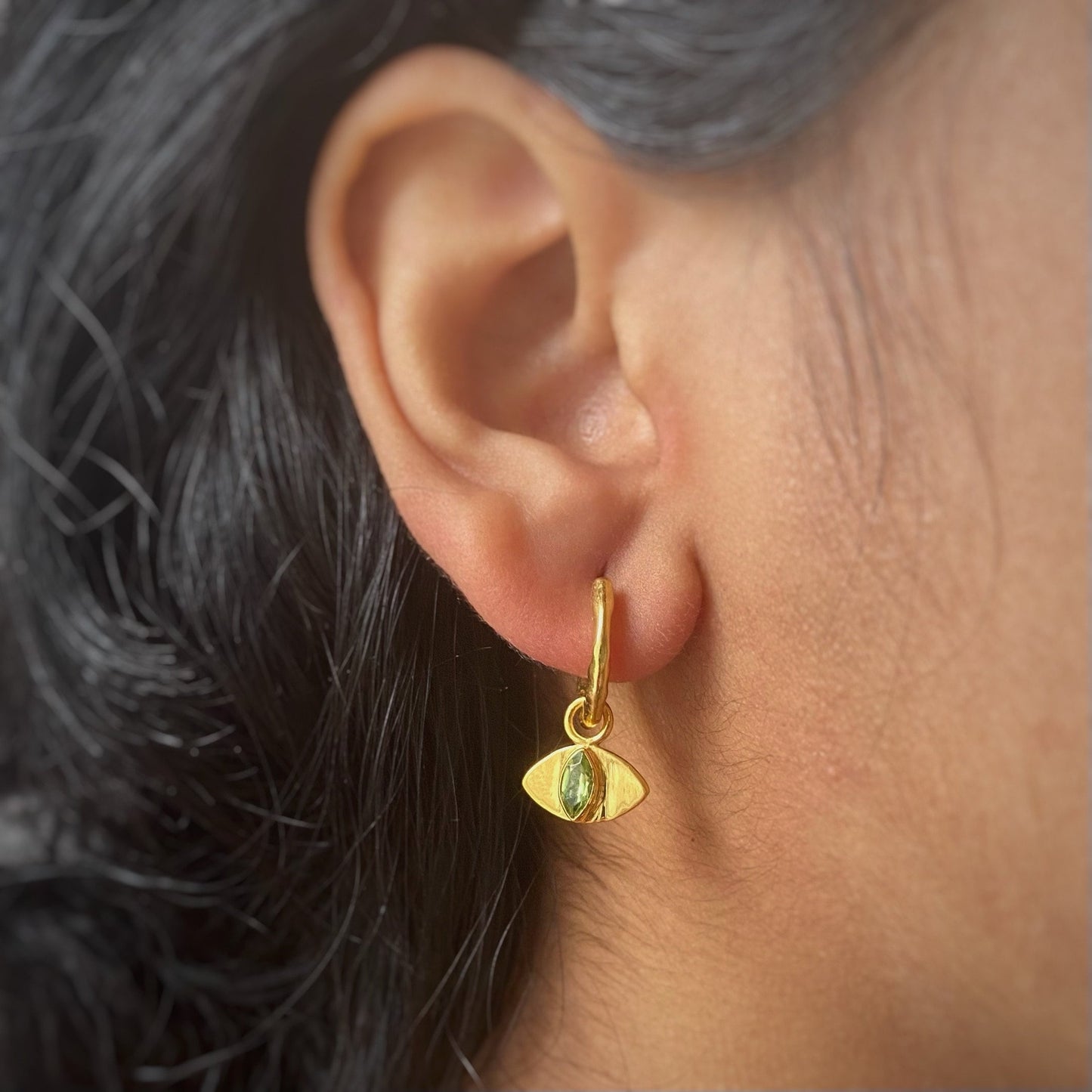 Evil Eye Peridot Earrings | 18k Gold Plated | Huggie Hoop Earrings
