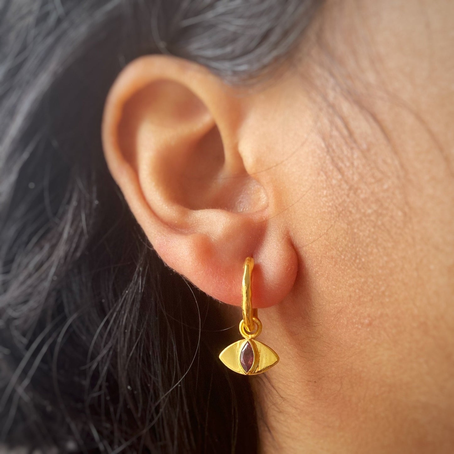 Evil Eye Pink Tourmaline Earrings | 18k Gold Plated | Huggie Hoop Earrings
