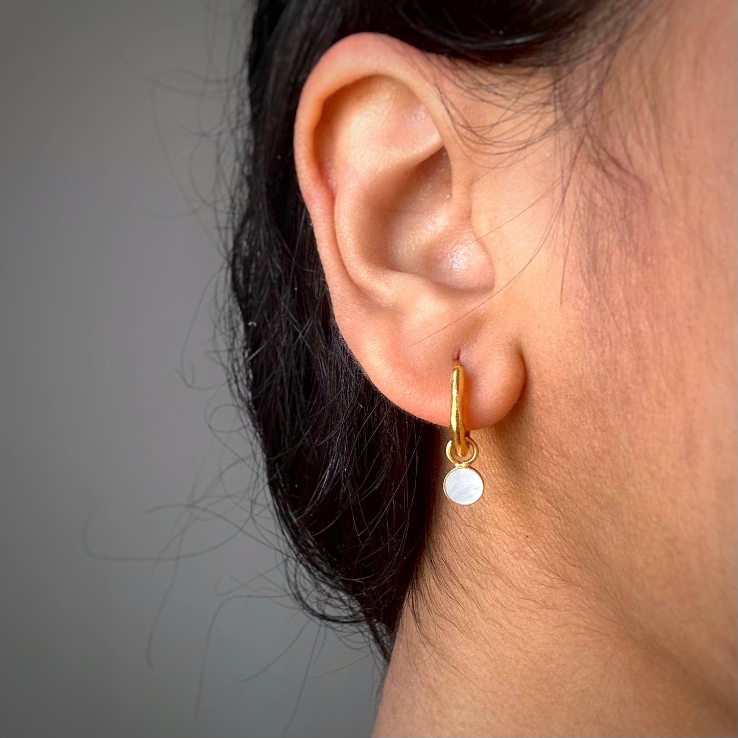 White Pearl Round Charm Earrings | 18k Gold Plated | Huggie Hoop Earrings