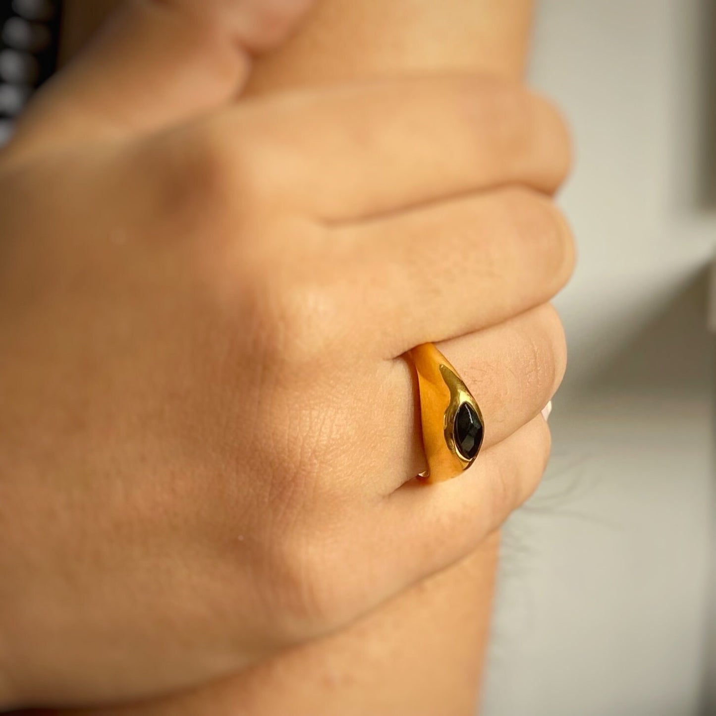 Black Onyx Chunky Marquise Ring | Oval Gemstone | 18K Gold Plated