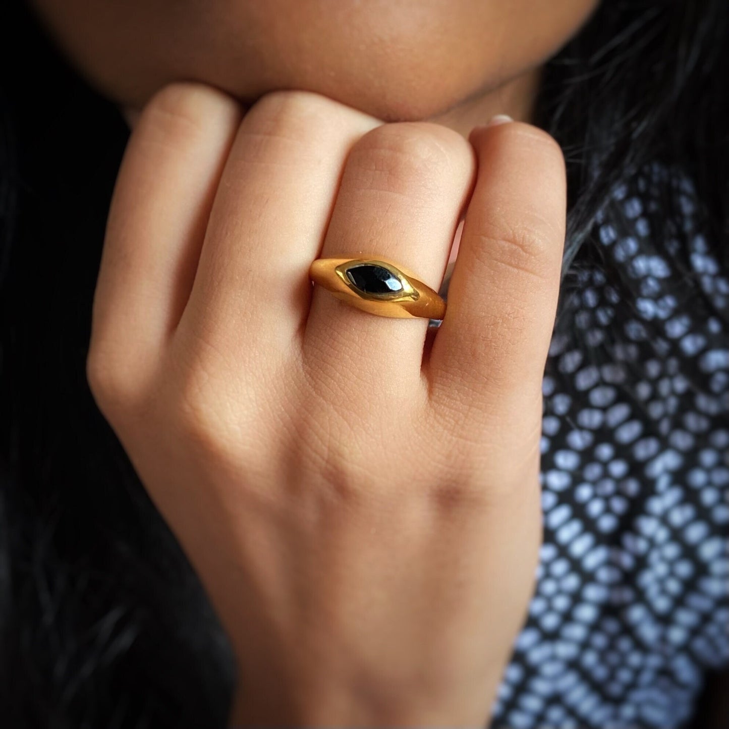 Black Onyx Chunky Marquise Ring | Oval Gemstone | 18K Gold Plated