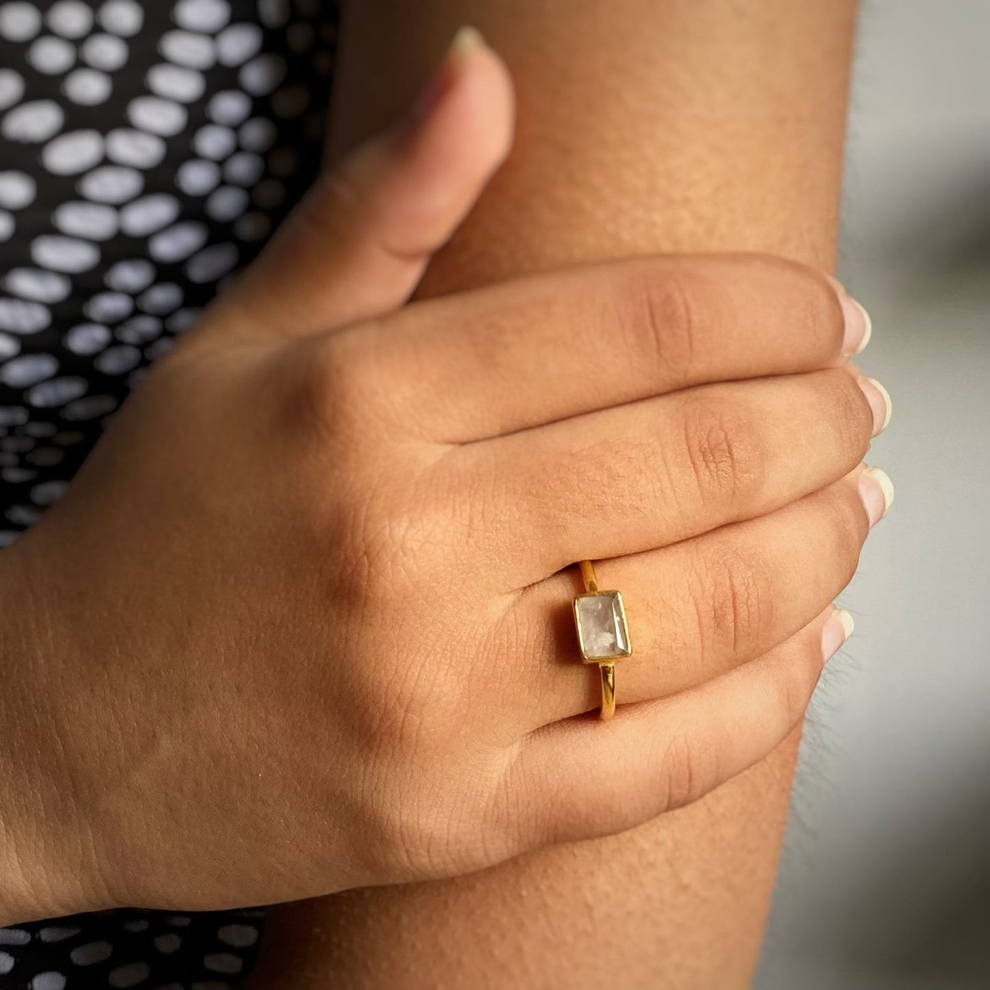 Smoky Rose Quartz Ring | Baguette Gemstone | 18K Gold Plated