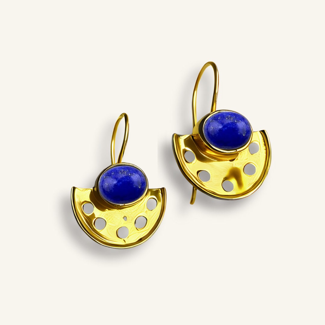 Art Deco Lapis Lazuli Fan Earrings | 18k Gold Plated | Dangle Earrings