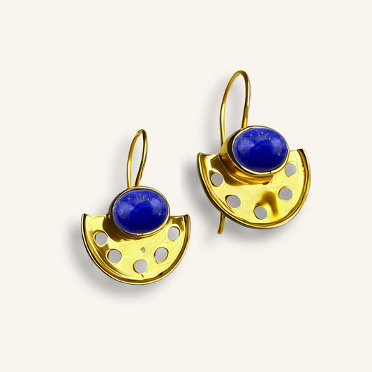 Art Deco Lapis Lazuli Fan Earrings | 18k Gold Plated | Dangle Earrings